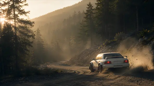 Coche blanco de rally en carretera forestal al atardecer