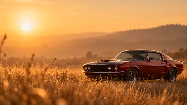 Fondo de pantalla de coche clásico rojo en el atardecer