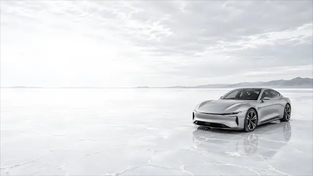 Fondo de pantalla de un coche eléctrico blanco en un desierto de sal