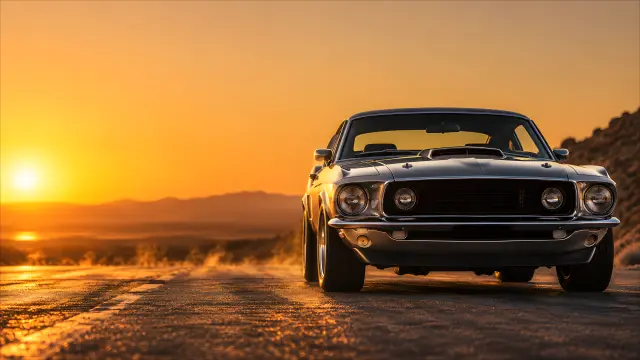 Coche deportivo clásico en carretera al atardecer