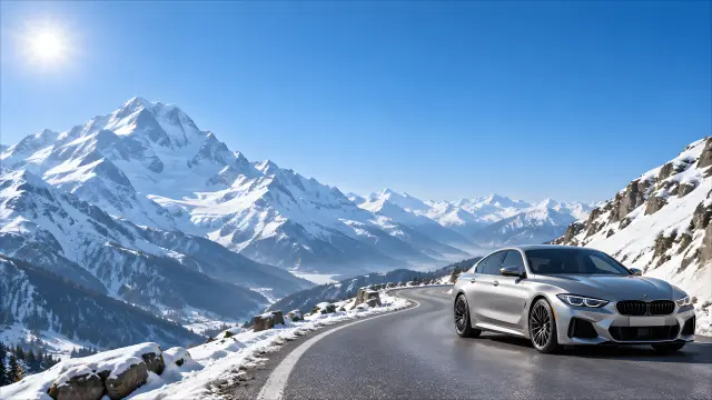 Coche deportivo plateado en carretera de montaña nevada