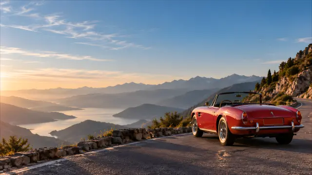 Coche clásico rojo en carretera de montaña al atardecer