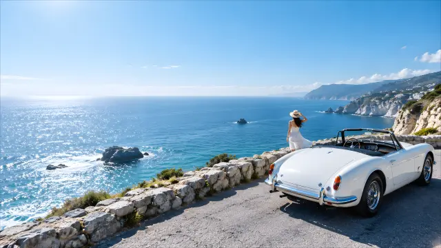 Coche deportivo blanco clásico en acantilado costero
