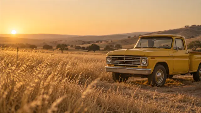 Camioneta vintage amarilla en campo dorado al atardecer