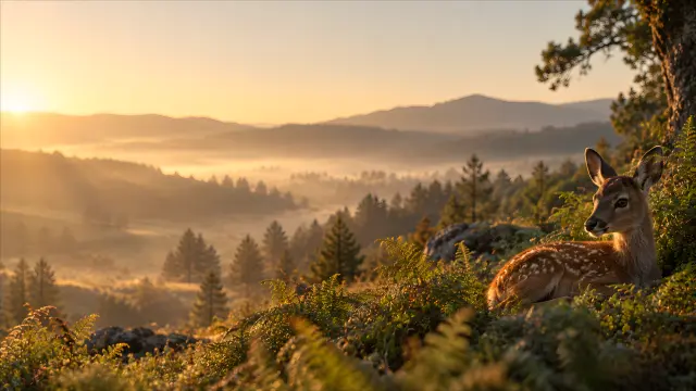 Cerro descansando en el bosque al amanecer