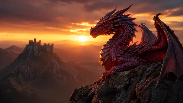 Dragón rojo majestuoso al atardecer en las montañas — fondo animales IA