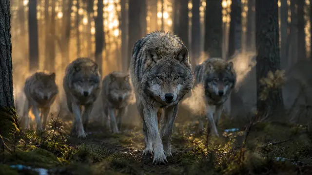 manada de lobos en bosque al amanecer — fondo animales IA