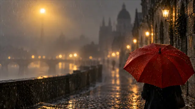 Personaje con paraguas rojo en ciudad lluviosa nocturna