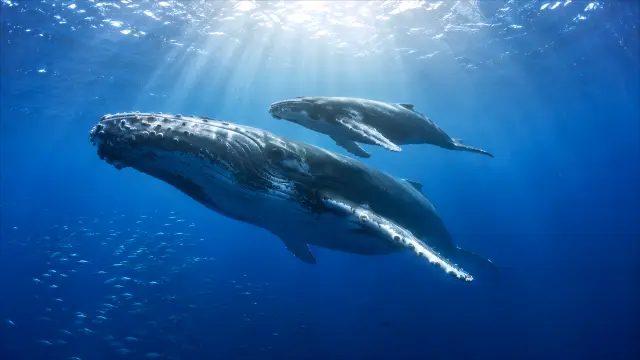 Ballenas Jorobadas Nadando en el Océano Azul — fondo animales IA