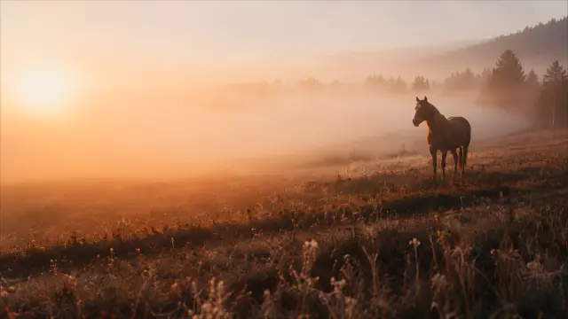 Caballo en pradera con niebla y atardecer dorado