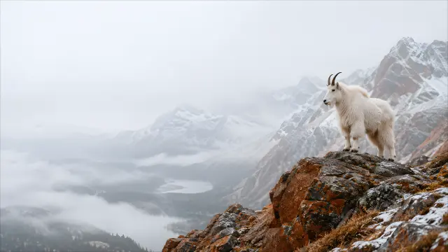 Cabra montesa en la cima de una montaña nevada