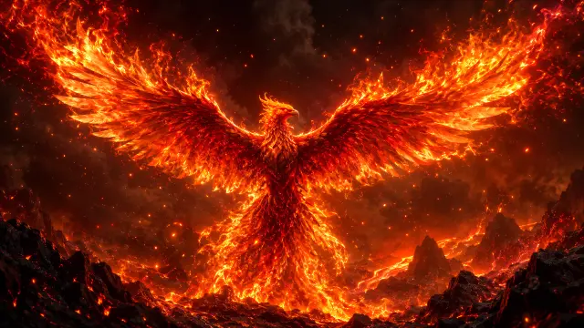 Fénix de fuego en erupción volcánica con alas de llamas — fondo animales IA