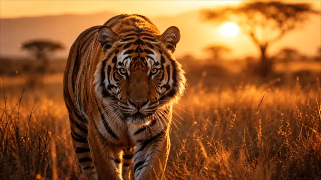 Tigre caminando al atardecer en sabana — fondo animales IA