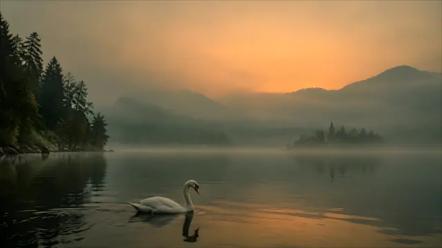 Cisne blanco nadando en lago al amanecer
