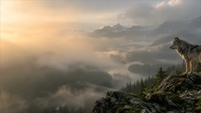 Lobo en la cima de una montaña con niebla al amanecer