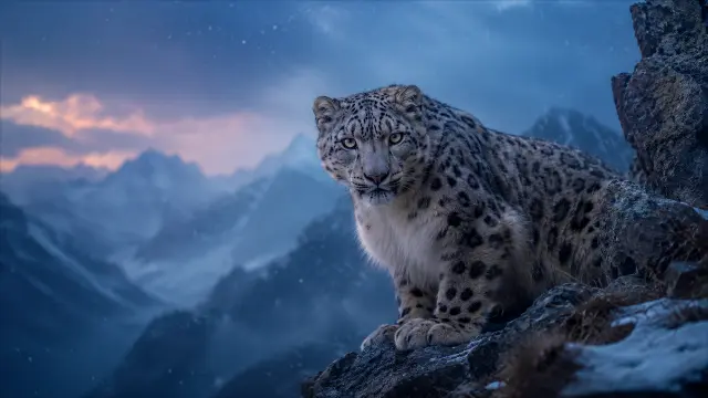 Tigre de Nieve sobre Roca con Montañas al Atardecer — fondo animales IA