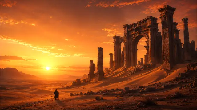 Ruinas de piedra en desierto al atardecer