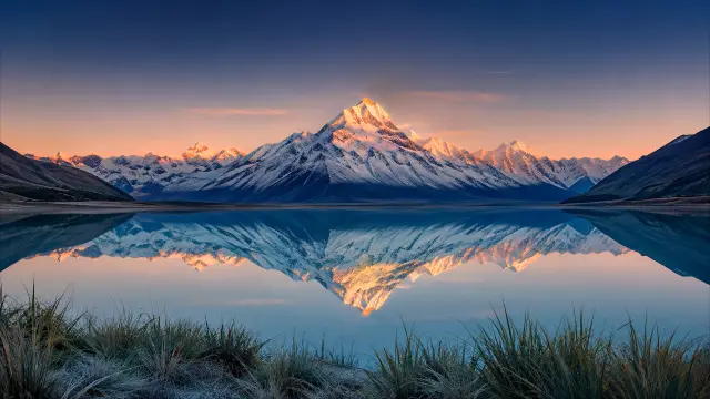 Montañas reflejadas en lago al amanecer