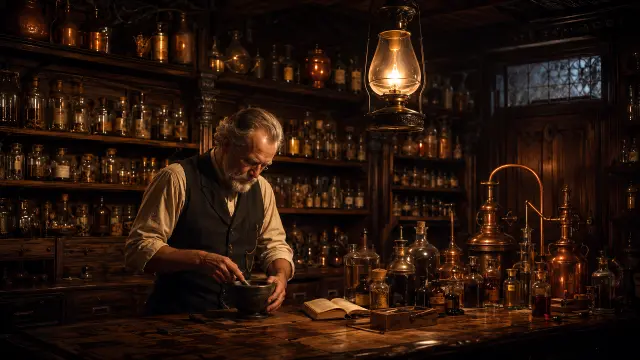 Alquimista en laboratorio antiguo con botellas de cobre y luz cálida