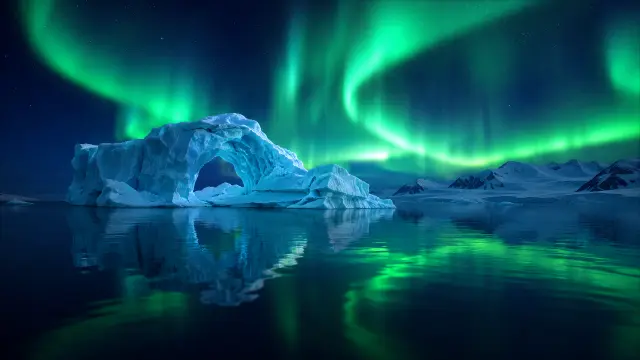 Iglú aurora boreal en la Antártida noche polar