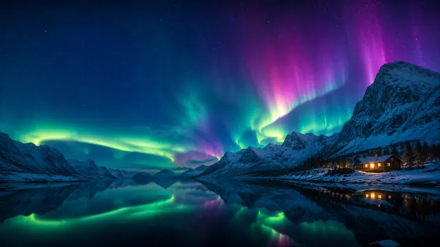 Aurora boreal vibrante en montaña nevada con cabaña