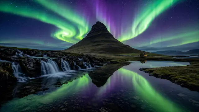 Aurora boreal y cascada bajo montaña nórdica nocturna