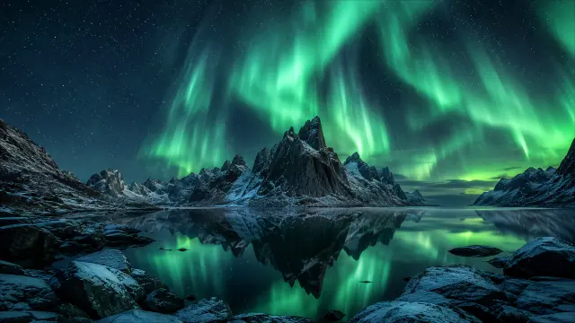 Aurora Boreal sobre Montañas y Lago Reflejante