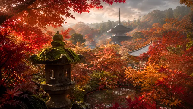 Templo japonés en bosque de otoño con farol de piedra