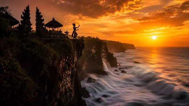 Templo en acantilado al atardecer costero