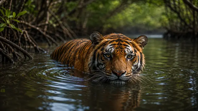 Tigre nadando en el río selvático