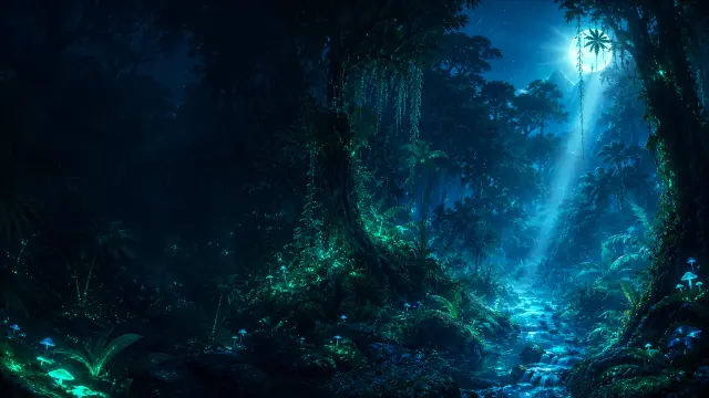 Selva mágica nocturna con río y hongos bioluminiscentes