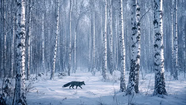 Zorro caminando por bosque helado de abedules en invierno