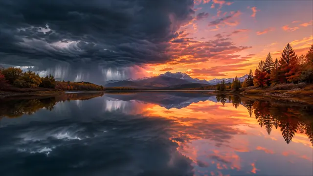 Paisaje de montaña con atardecer y reflejos en el lago