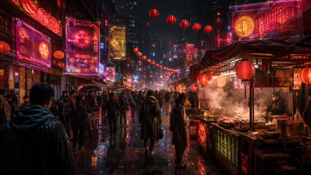 Mercado nocturno cyberpunk con neones y lanternas rojas
