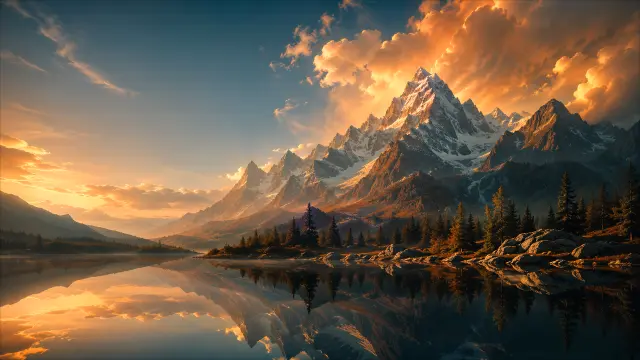 Paisaje montañoso al atardecer con reflejos en el lago