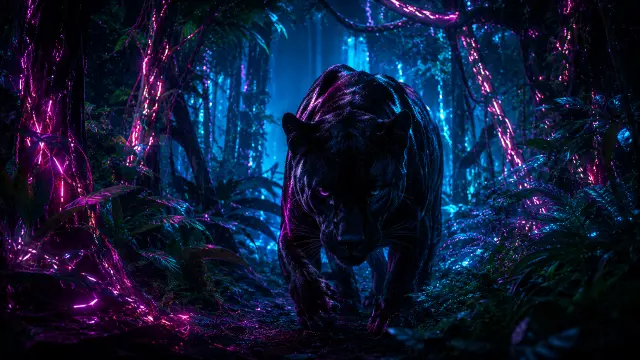 Pantera negra en bosque neón