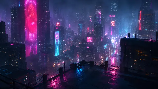 Paisaje Cyberpunk de Neon en una Ciudad Futurista