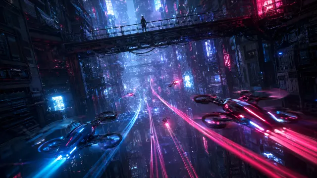 Moto voladoras en calle de neón cyberpunk nocturno