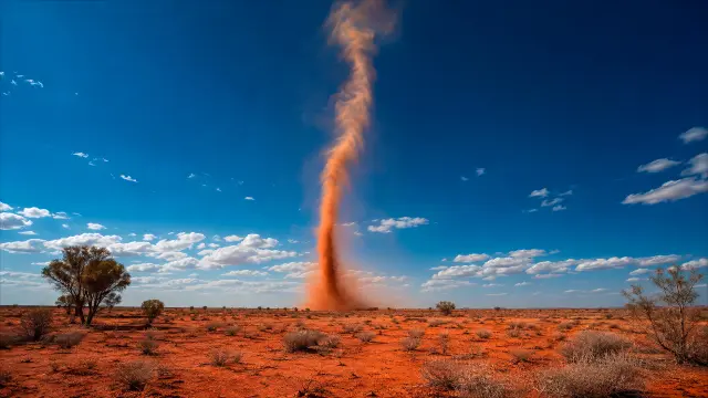 Remolino de polvo en desierto rojo bajo cielo azul con nubes blancas dispersas y vegetación árida escasa, estilo fotográfico vibrante.