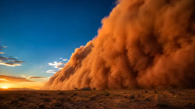 Muro de arena gigante en el desierte al atardecer