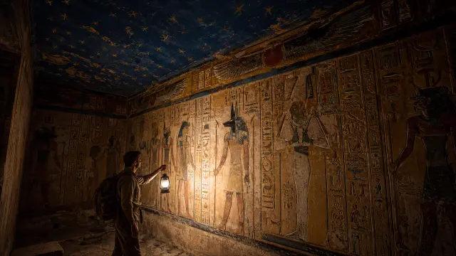 Explorador en templo egipcio con lámpara y jeroglíficos