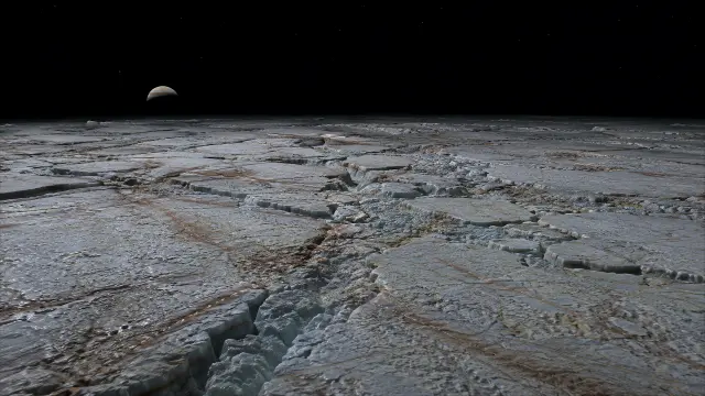 Superficie de luna helada con planeta en el horizonte