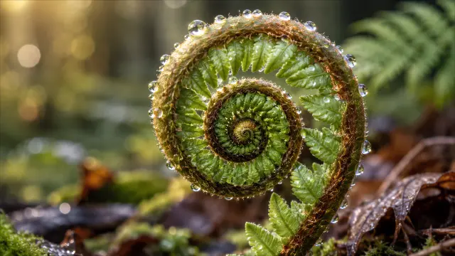 Brotes de helecho con gotas de rocío matutino en bosque