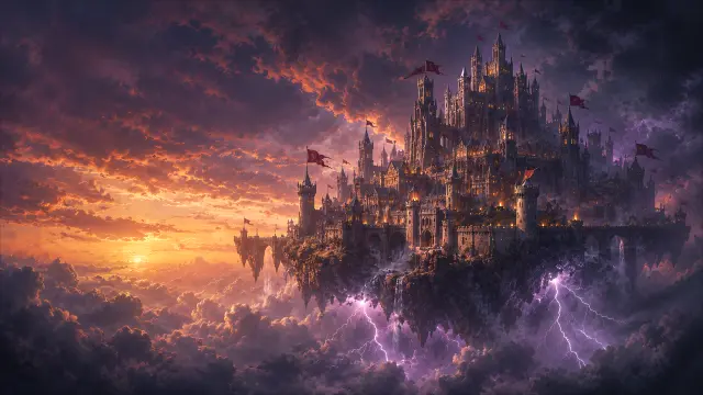 Castillo flotante en el cielo al atardecer