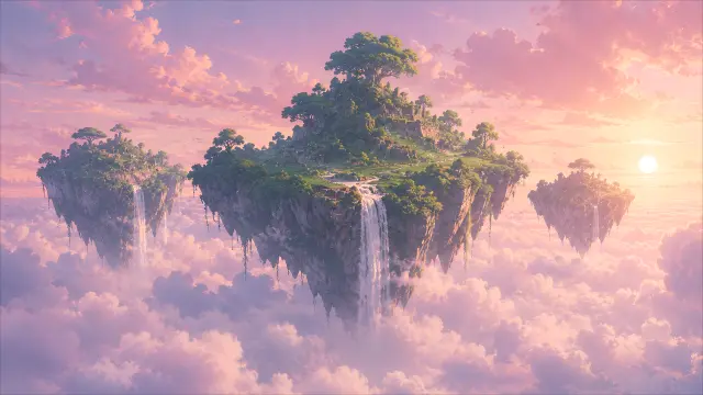 islas flotantes en el cielo al atardecer