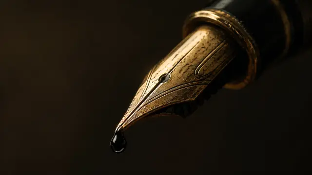 Punta de pluma dorada con tinta cayendo sobre fondo oscuro