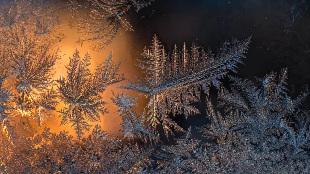 Cristales de hielo en ventana al atardecer dorado