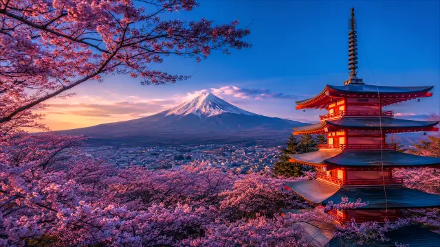 Torre de la Paz con Fuji y cerezos en flor