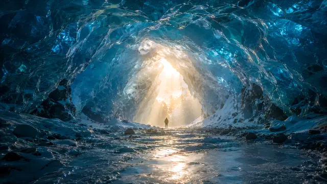 Cueva de hielo azul con luz dorada al final del túnel