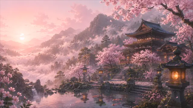 Templo japonés en el amanecer